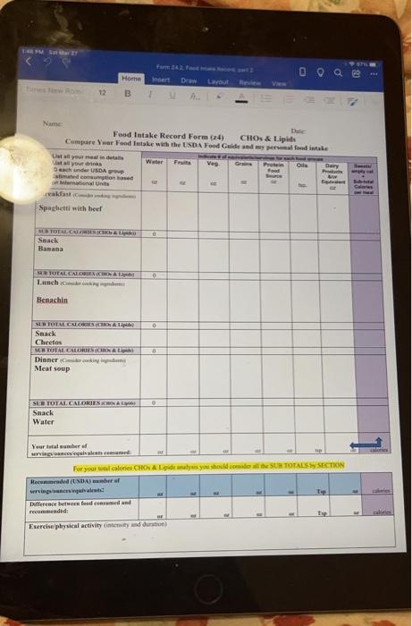 Home Ingen Draw Larut 12 Food Intake Record Form (24) CHOS & Lipids Compare Year Food Intake with the USDA Food Guide des fon