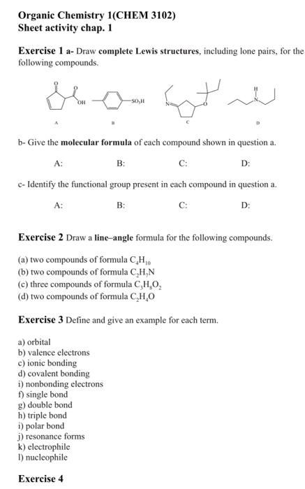 Solved Organic Chemistry 1 Chem 3102 Sheet Activity Chap 1