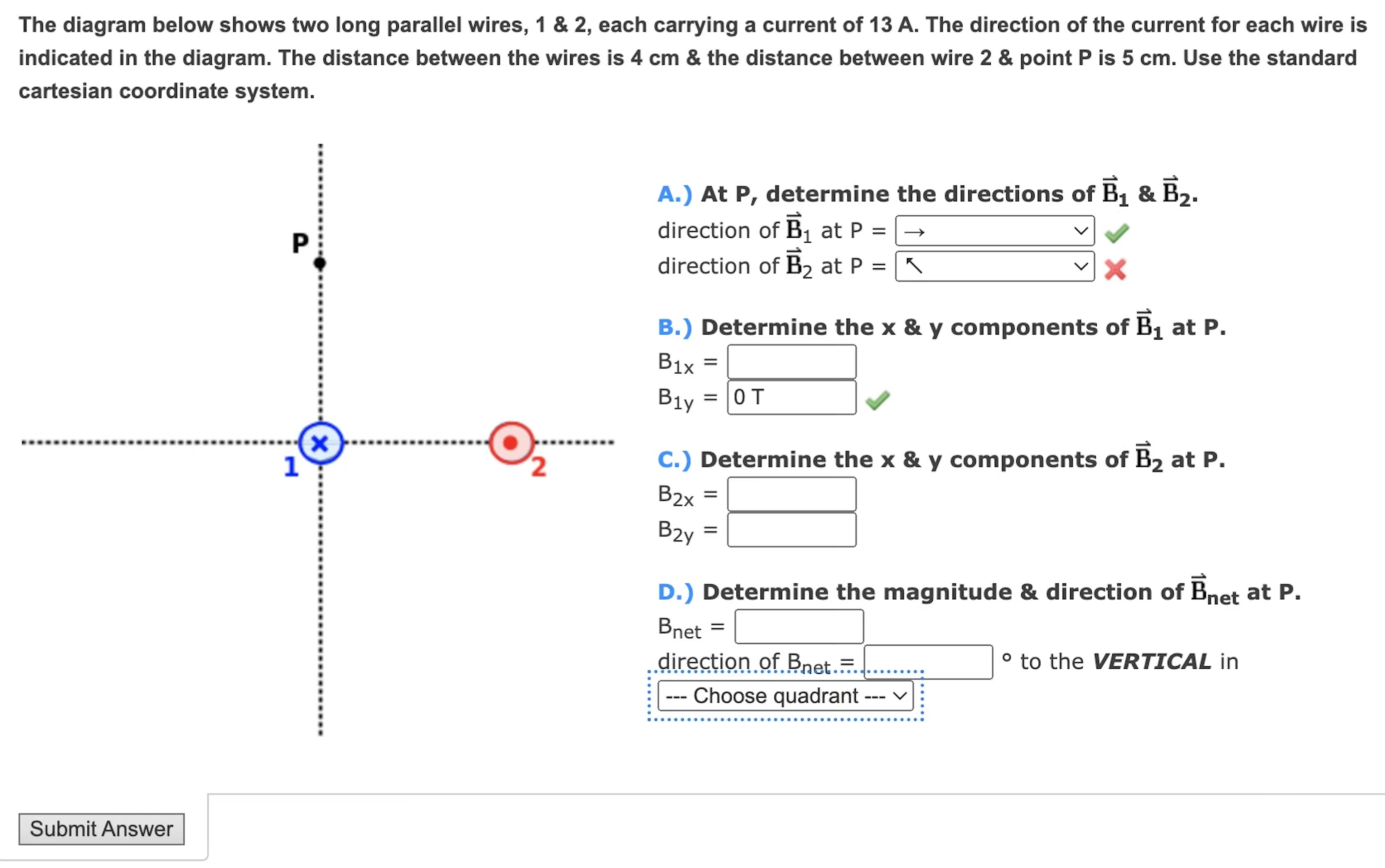 Solved The diagram below shows two long parallel wires, 1&2, | Chegg.com