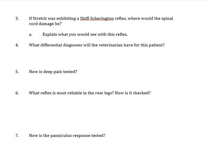 3. If Stretch was exhibiting a Shiff-Scherington reflex, where would the spinal cord damage be? a. Explain what you would see