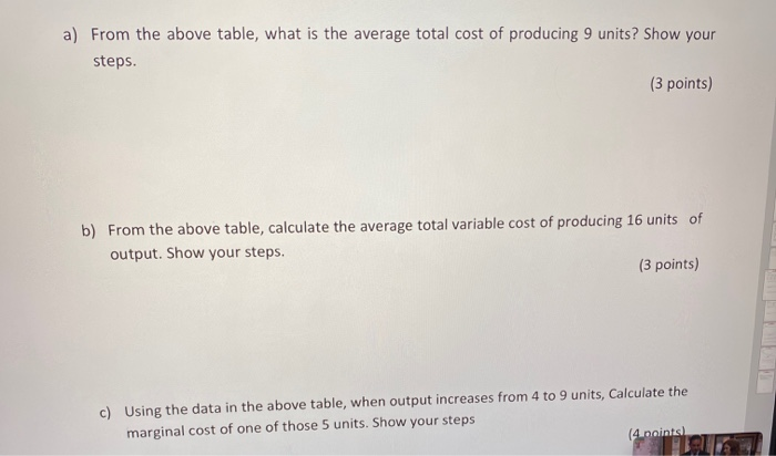Solved a) From the above table, what is the average total | Chegg.com