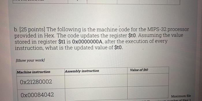 Solved b. [25 points] The following is the machine code for | Chegg.com