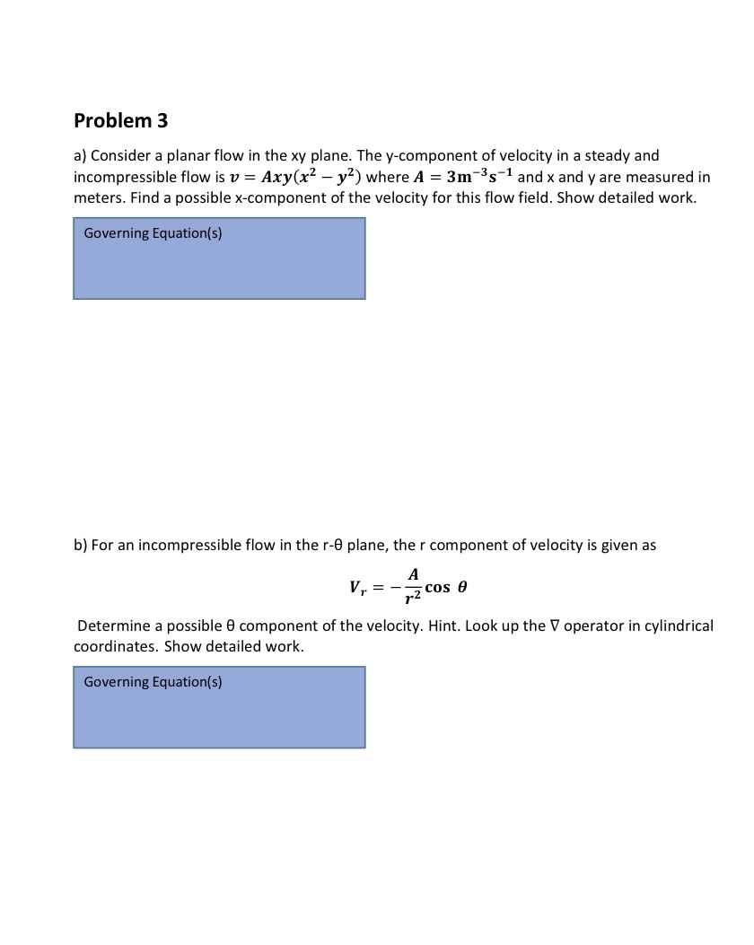 Solved Problem 3a) ﻿Consider a planar flow in the xy plane. | Chegg.com