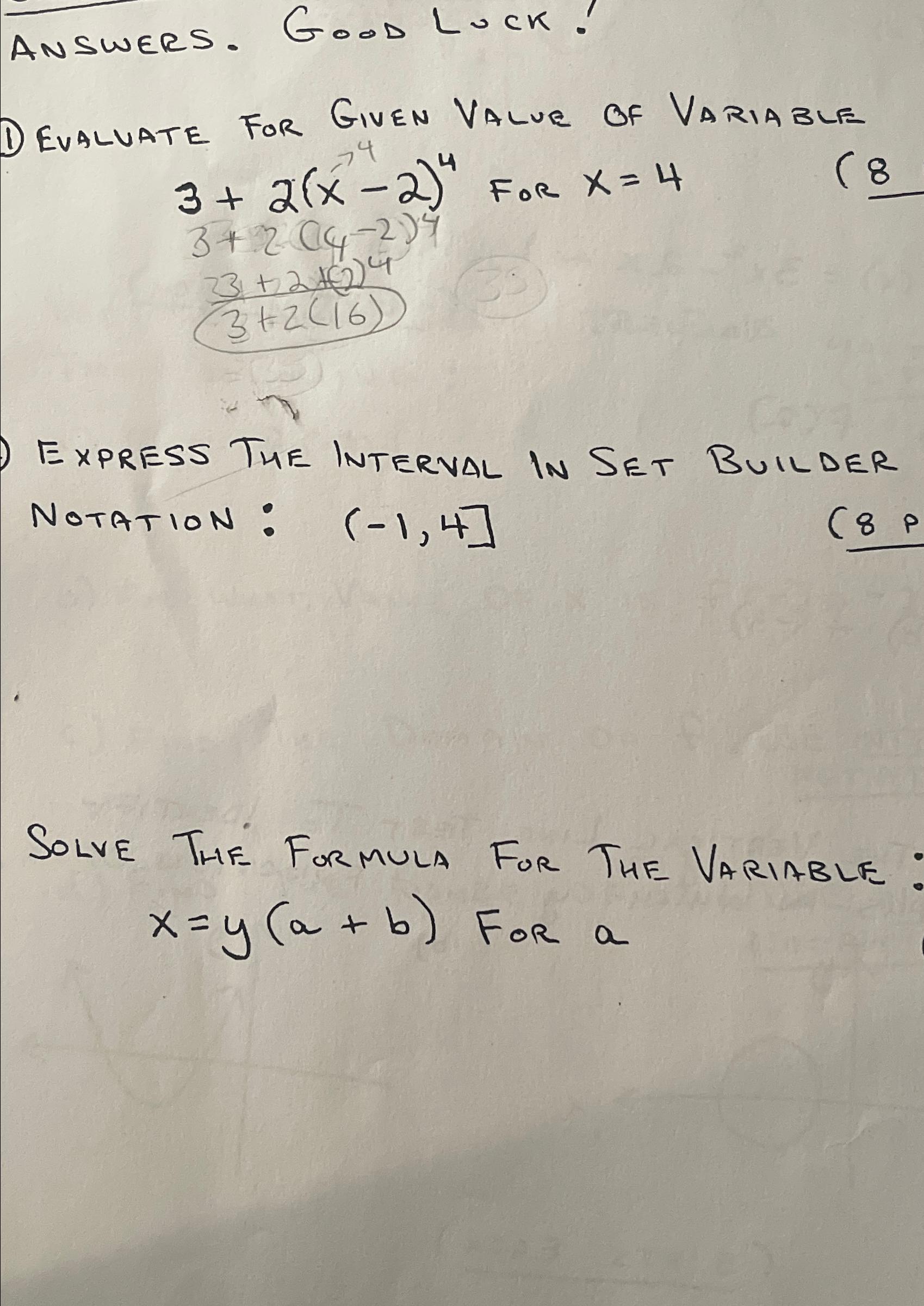 Solved Answers. Good Lock!Evaluate for Given Value of | Chegg.com