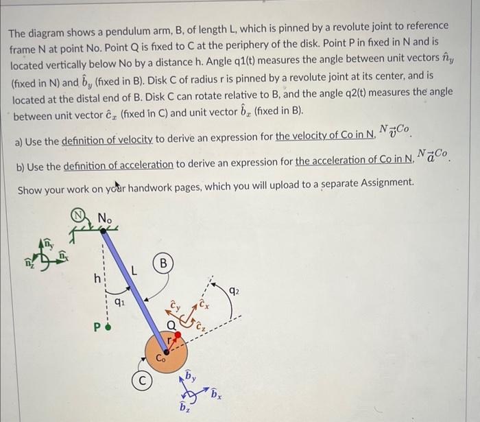 The diagram shows a pendulum arm, \( B \), of length \( L \), which is pinned by a revolute joint to reference frame \( N \) 