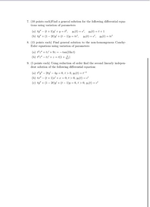 Solved 1. (10 points each) Find a particular solution using | Chegg.com