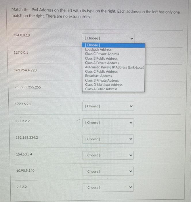Solved Match the IPv4 Address on the left with its type on