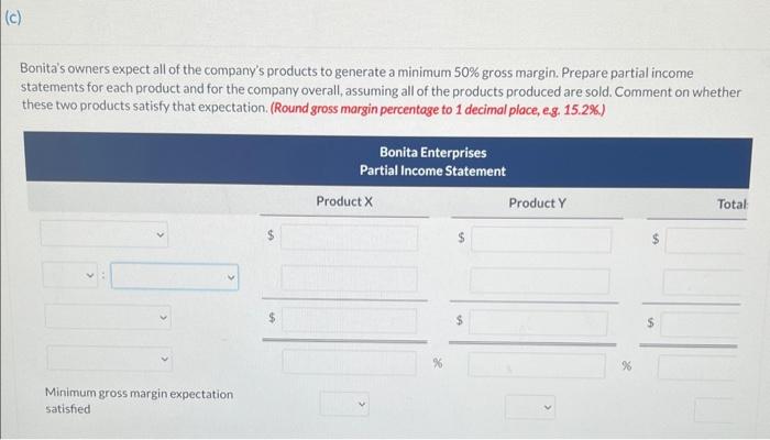 Bonitas owners expect all of the companys products to generate a minimum \( 50 \% \) gross margin. Prepare partial income s