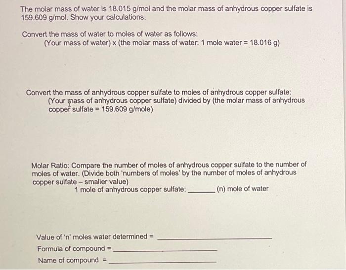 Solved The Molar Mass Of Water Is G Mol And The Molar Chegg