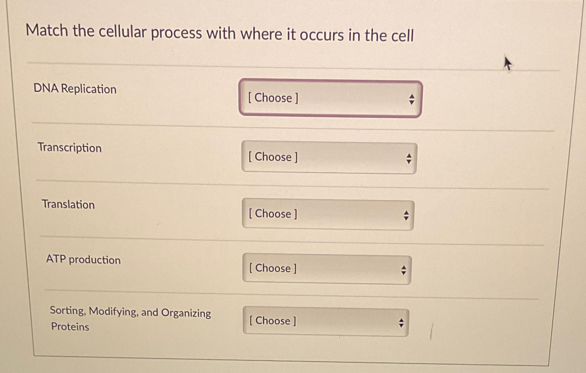 Solved Match the cellular process with where it occurs in | Chegg.com