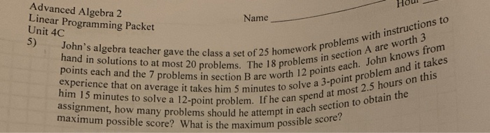 Solved Advanced Algebra 2 Linear Programming Packet Unit 4C | Chegg.com