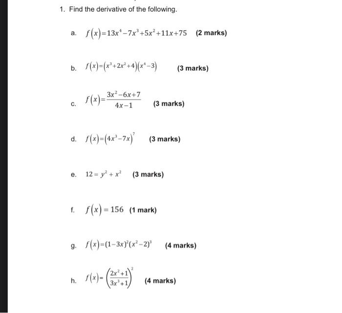 Solved 1. Find the derivative of the following. a. | Chegg.com