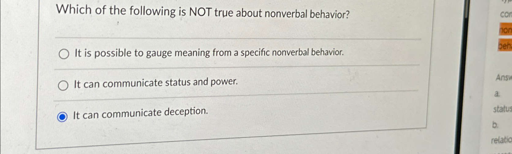 Solved Which of the following is NOT true about nonverbal | Chegg.com