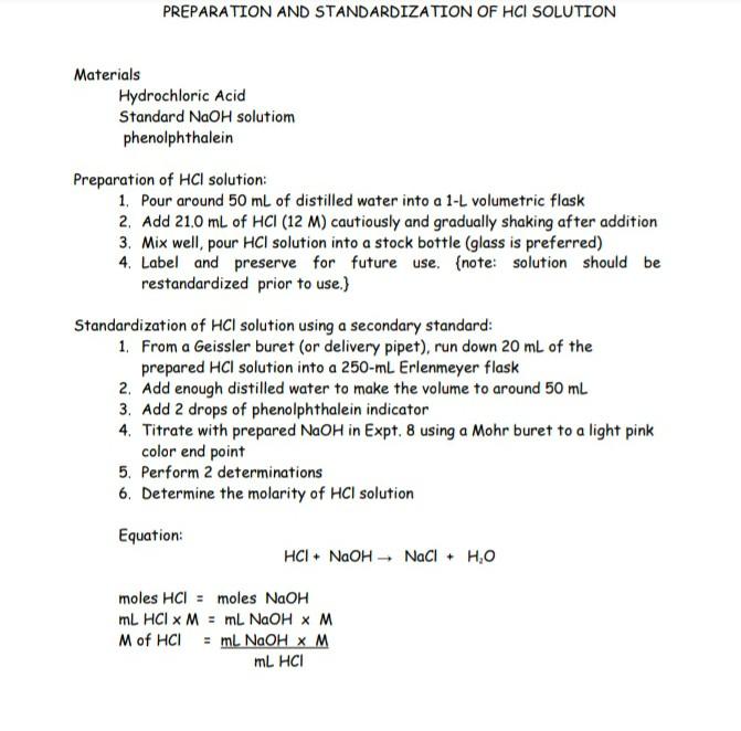 PREPARATION AND STANDARDIZATION OF HCI SOLUTION | Chegg.com