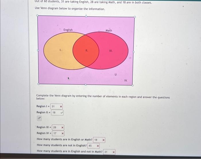 Solved Out of 60 students, 31 are taking English, 28 are | Chegg.com