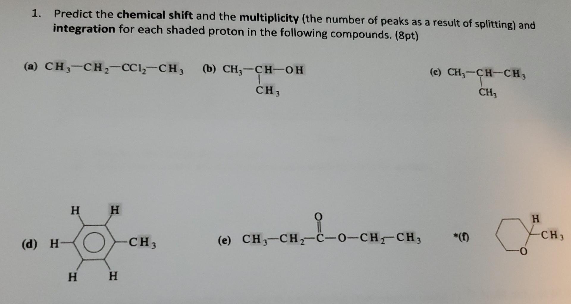 Solved 1. Predict the chemical shift and the multiplicity | Chegg.com