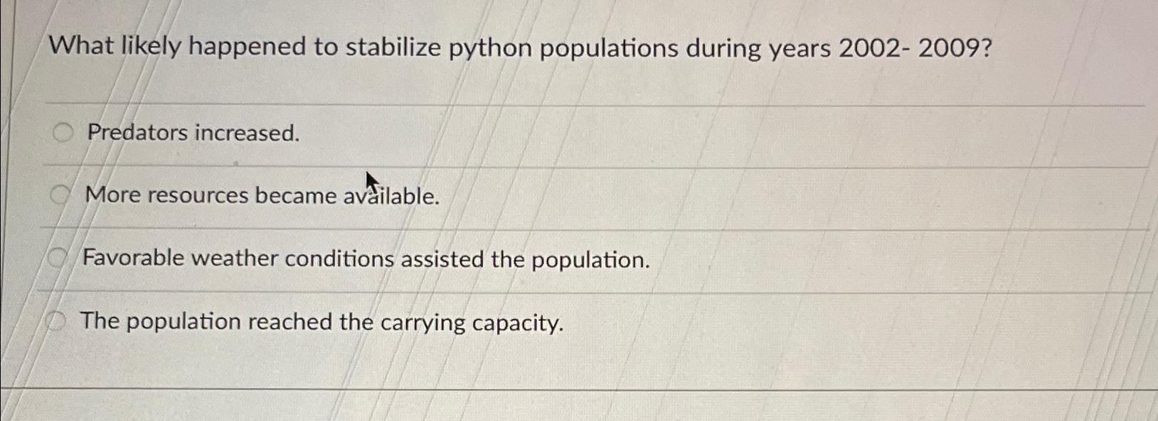 Solved What likely happened to stabilize python populations | Chegg.com
