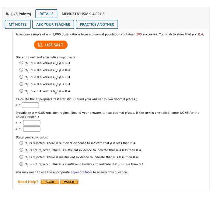 Solved 9. [-15 Points) DETAILS MENDSTAT15M 9.4.001.S. MY | Chegg.com