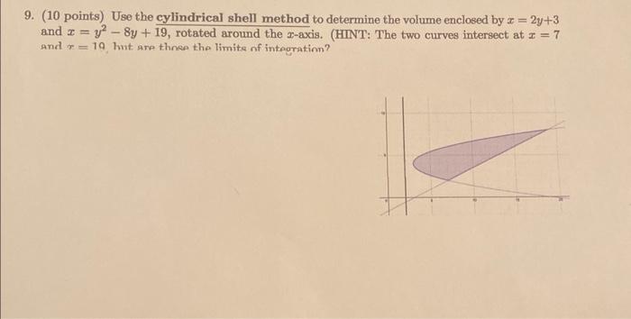 Solved 9. (10 points) Use the cylindrical shell method to | Chegg.com