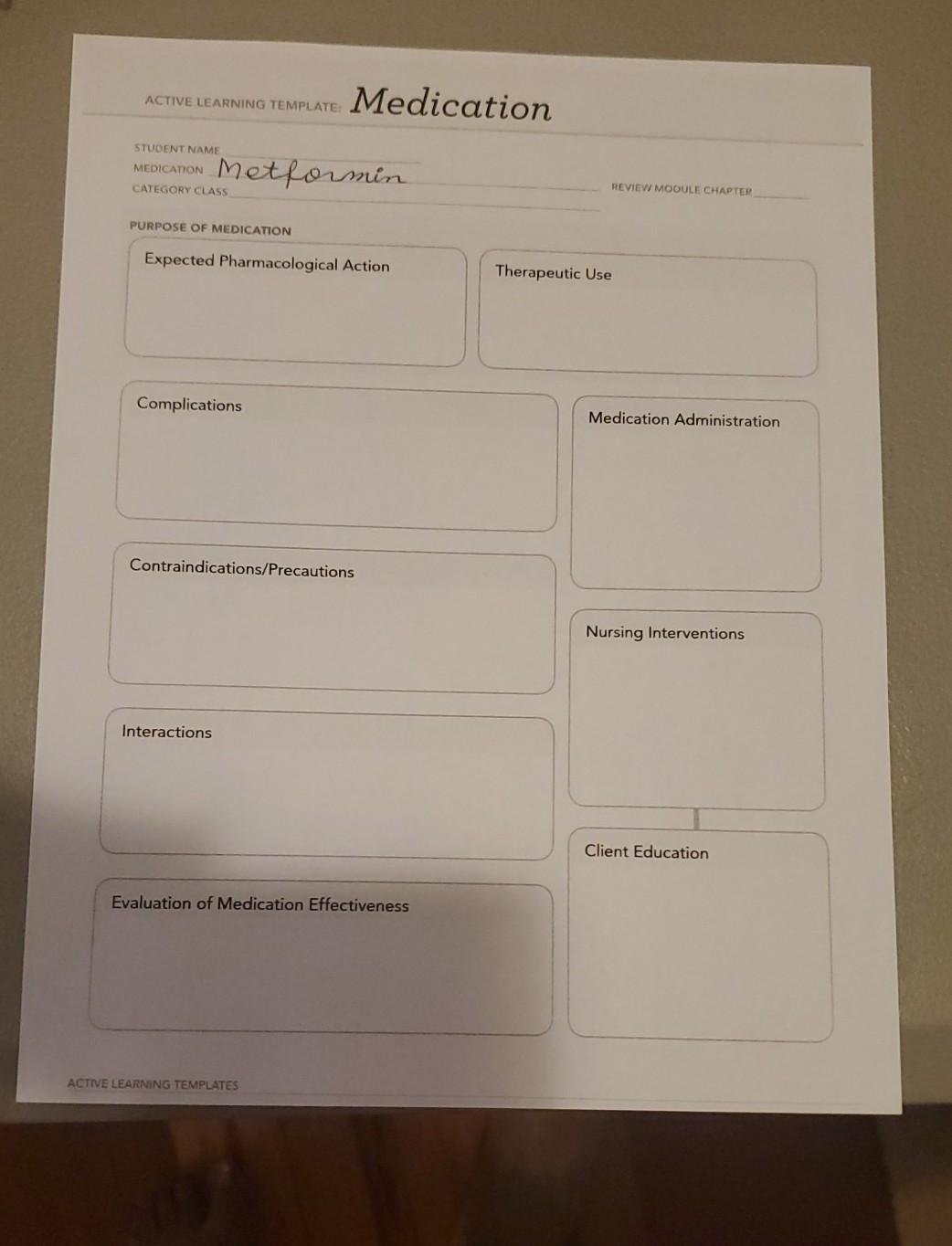 ACTIVE LEARNING TEMPLATE: Medication STUDENT NAME MEDICATION CATEGORY CLASS Metformin REVIEW MODULE CHAPTER PURPOSE OF MEDICA