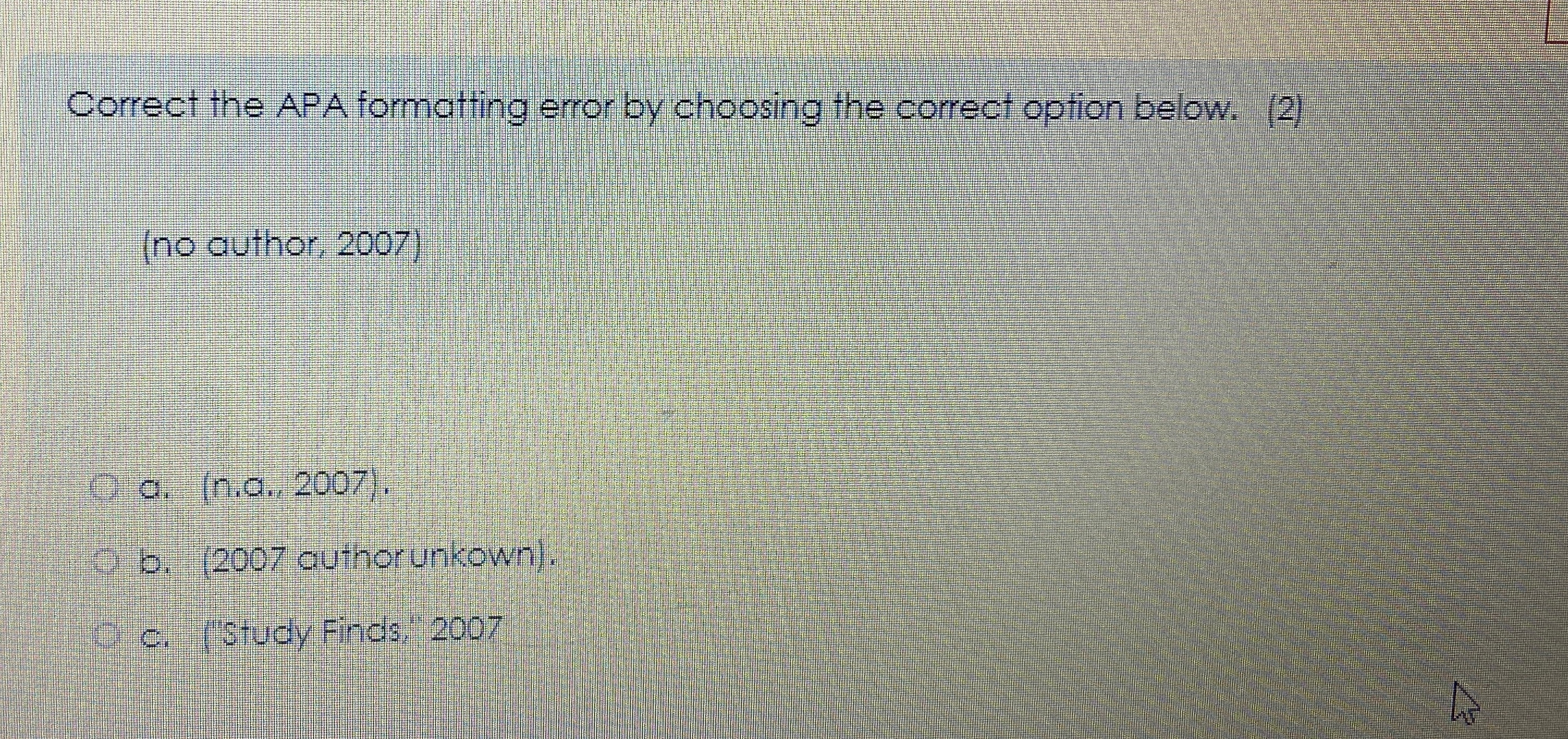 Solved Correct the APA formatting error by choosing the | Chegg.com
