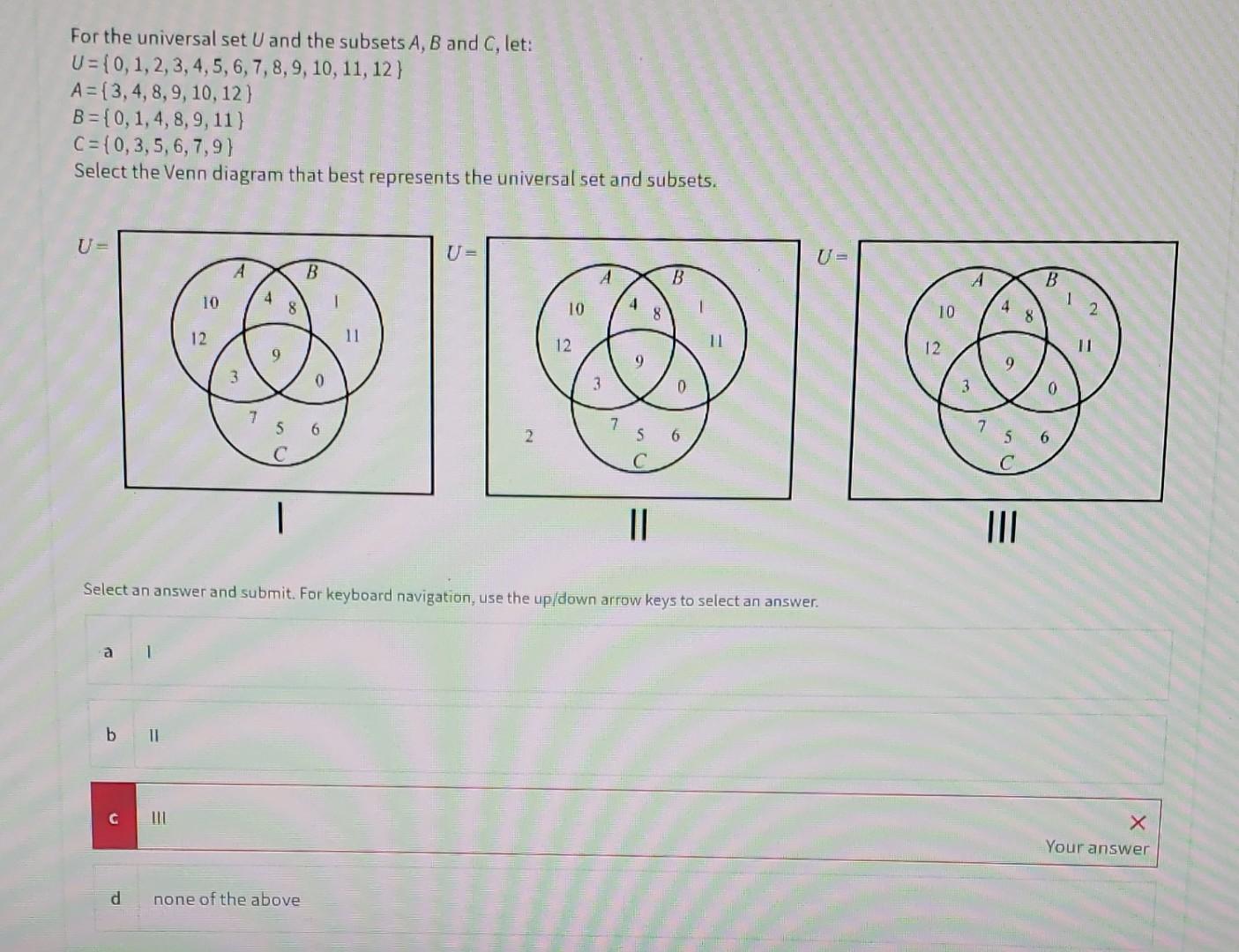 For the universal set \( U \) and the subsets \( A, B \) and \( C \), let:
\[
\begin{array}{l}
U=\{0,1,2,3,4,5,6,7,8,9,10,11,