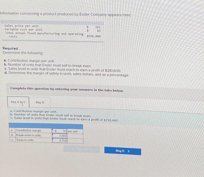 Solved Information concerning a product produced by Ender