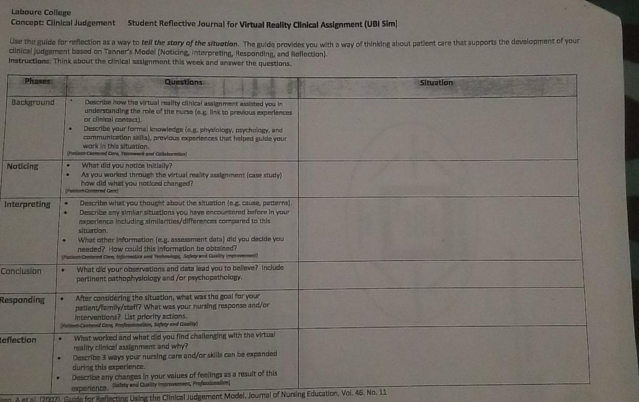 Laboure College Concept: Clinical Judgement Student Reflective Journal for Virtual Reality Clinical Assignment (UBI Sim Use t