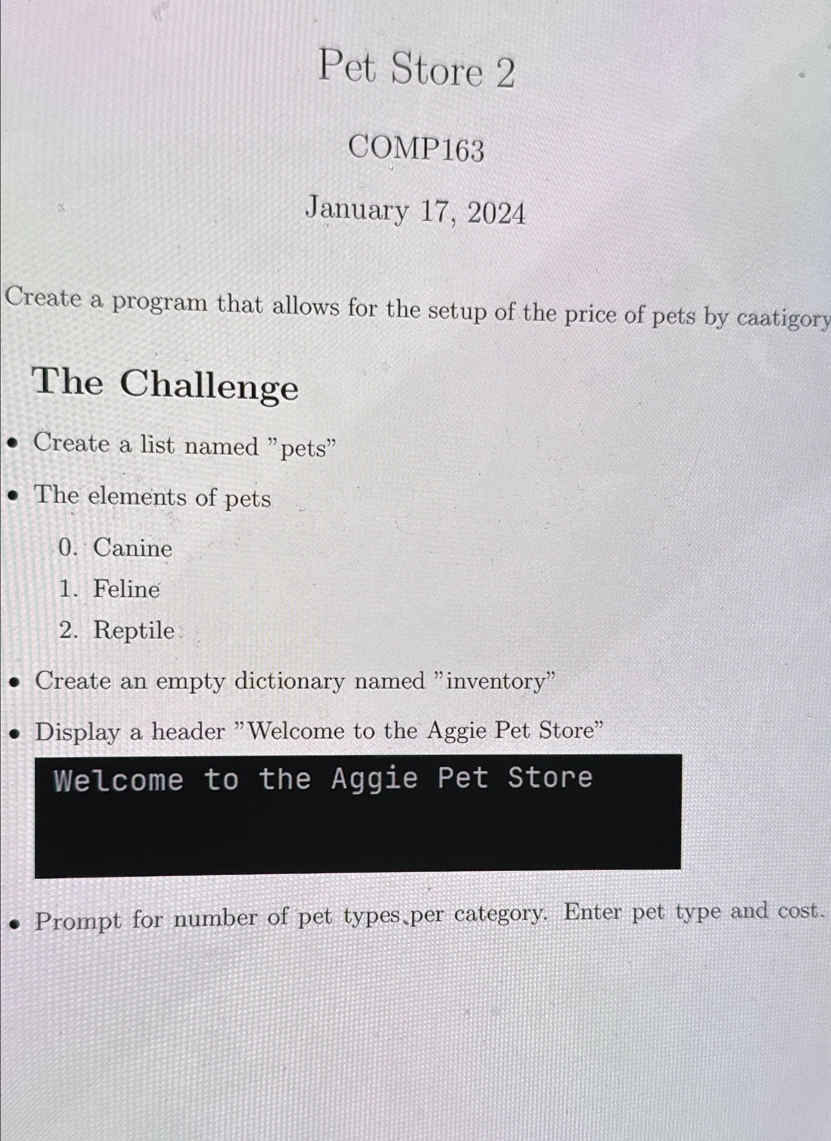 Solved Pet Store 2COMP163January 17,2024Create a program | Chegg.com