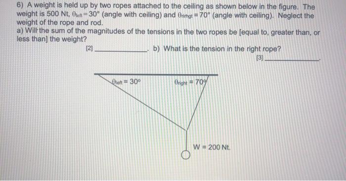 Solved 6) A weight is held up by two ropes attached to the | Chegg.com