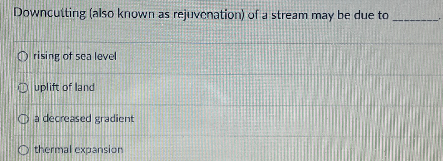 Solved Downcutting (also known as rejuvenation) ﻿of a stream | Chegg.com