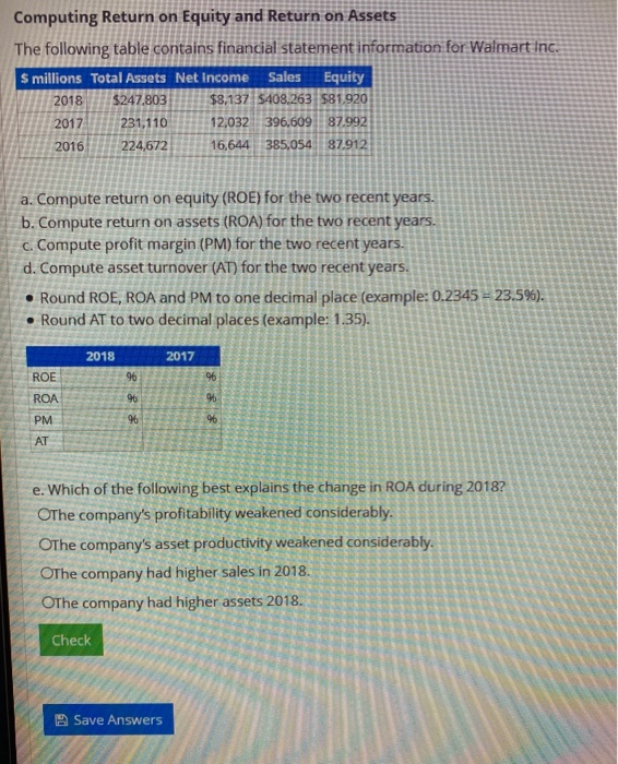 Solved Computing Return on Equity and Return on Assets The | Chegg.com