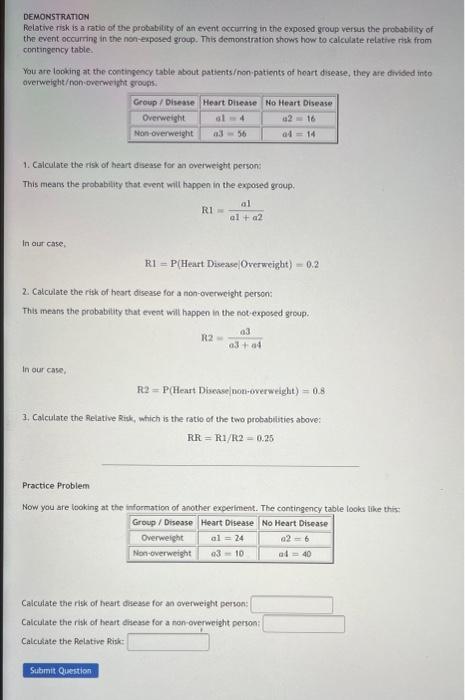 Solved DEMONSTRATION Relative risk is a ratio of the | Chegg.com