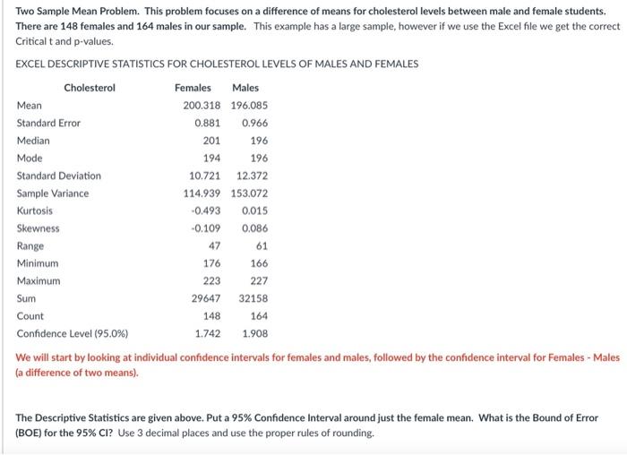 Solved Two Sample Mean Problem. This problem focuses on a | Chegg.com