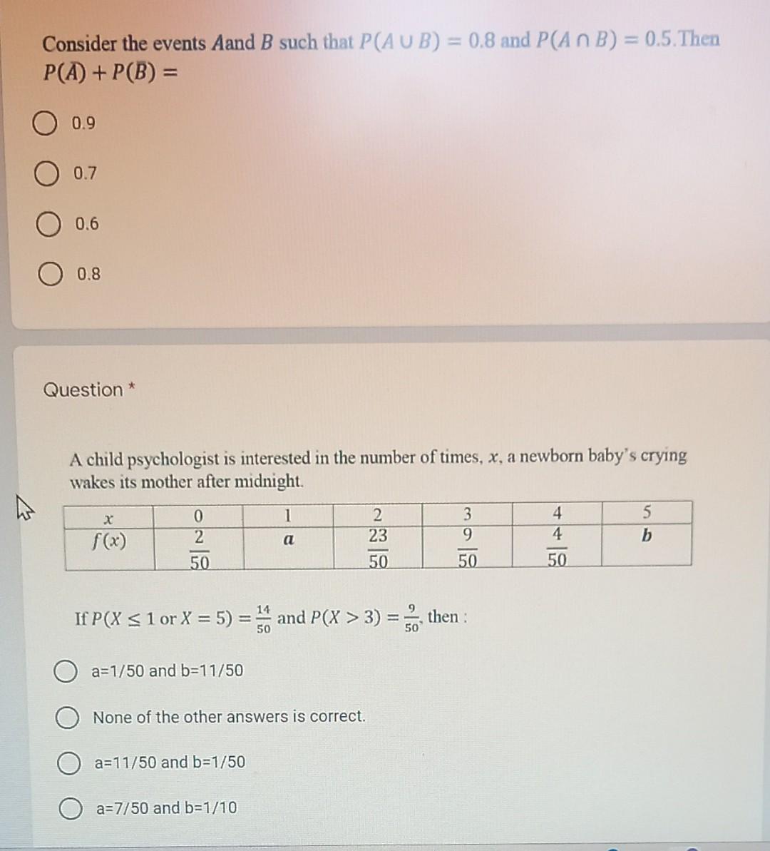 Solved Consider The Events Aand B Such That P(AUB) = 0.8 And | Chegg.com