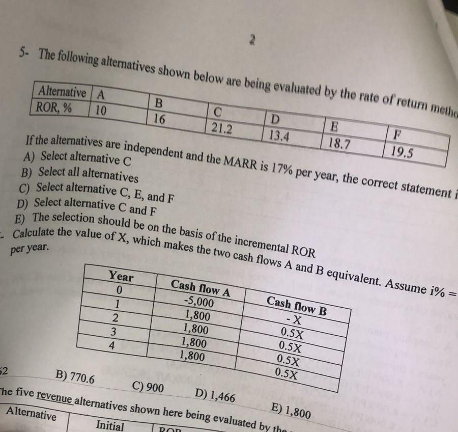Solved 5- The Following Alternatives Shown Below Are Being | Chegg.com