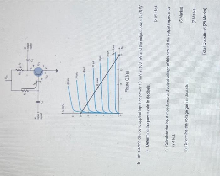 b. An electric device is applied input ac power \( 10 \mathrm{~mW} \) at \( 100 \mathrm{mV} \) and the output power is \( 48 