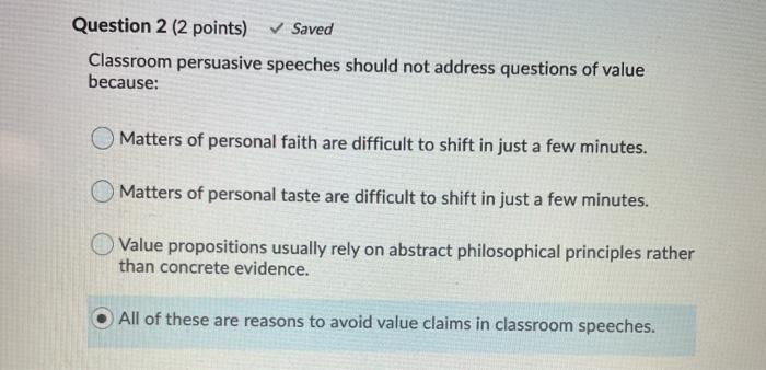 persuasive speeches on questions of value are usually organized in