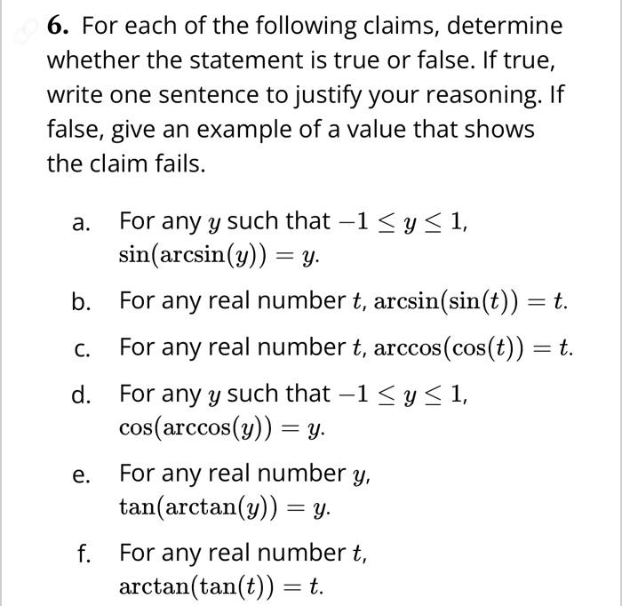 Solved 6. For each of the following claims, determine | Chegg.com