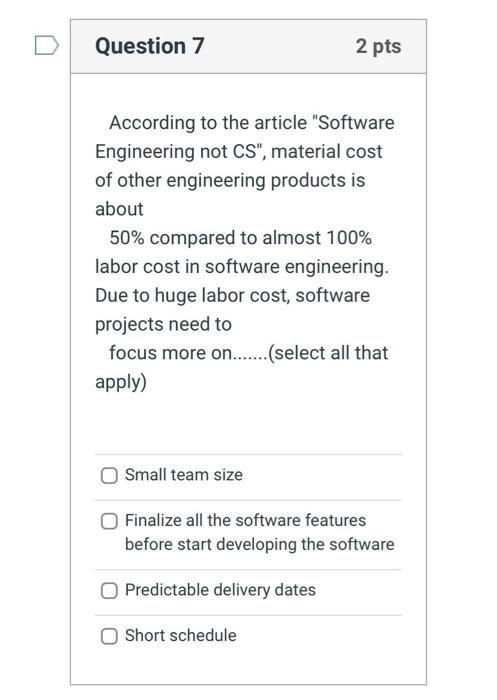 Solved According to the article "Software Engineering not | Chegg.com