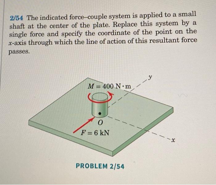 2/54 The indicated force-couple system is applied to a small shaft at the center of the plate. Replace this system by a singl