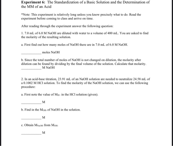 Solved Experiment 6: The Standardization Of A Basic Solution | Chegg.com