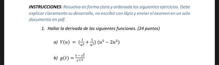 INSTRUCCIONES: Resuelva en forma clara y ordenada los siguientes ejercicios. Debe explicar claramente su desarrollo, no escri