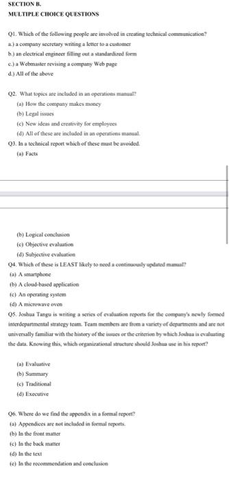 SECTION B. MULTIPLE CHOICE QUESTIONS QI. Which of the | Chegg.com