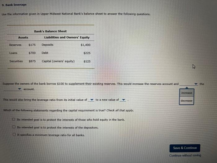 Solved 9. Bank leverage Use the information given in Upper | Chegg.com