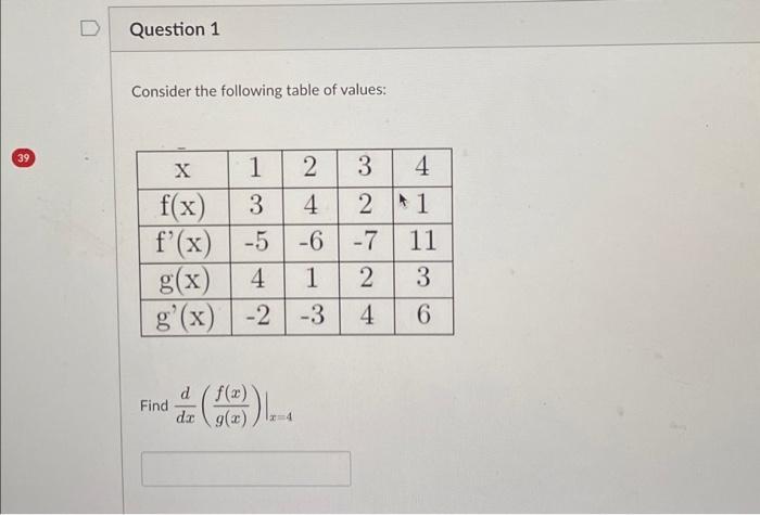 Solved 39 Question 1 Consider the following table of values: | Chegg.com