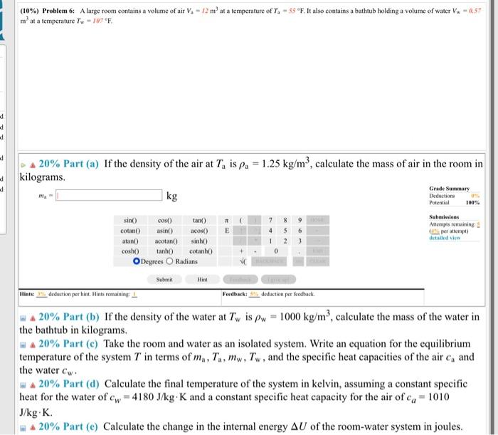 Solved 10 Problem 6 A Large Room Contains A Volume Of Chegg Com