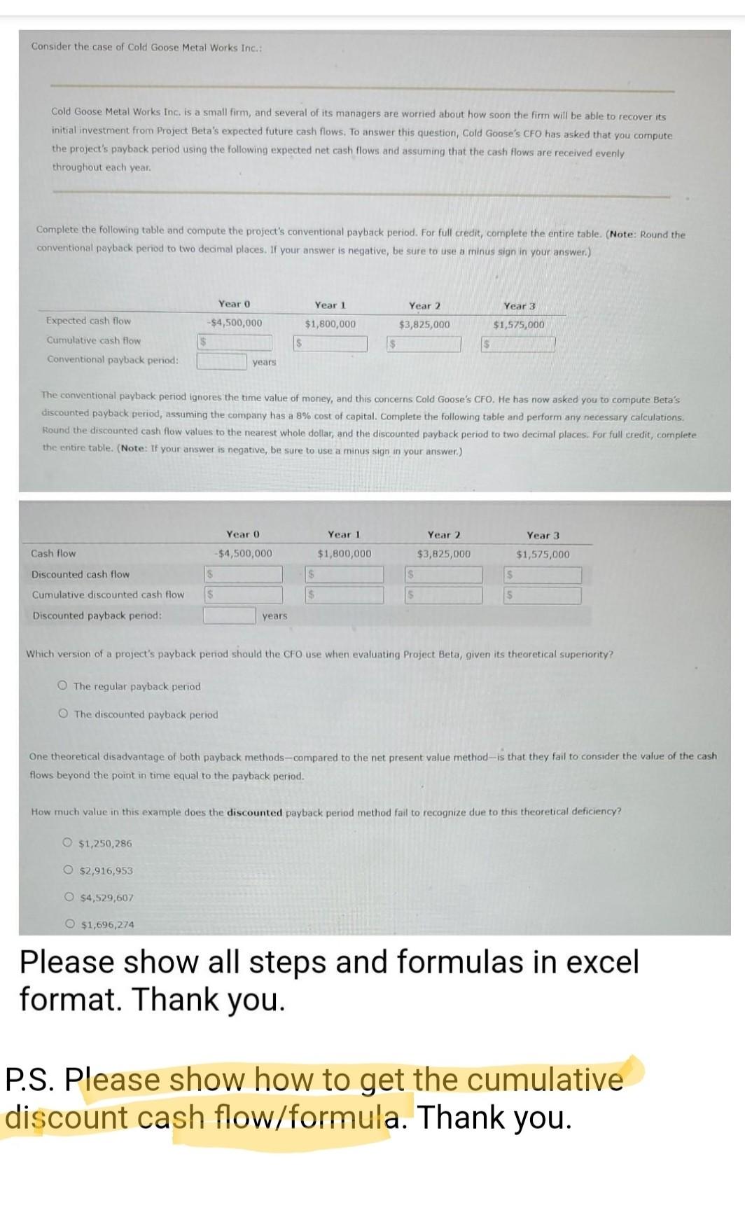 Solved Please show all steps and formulas in excel format. | Chegg.com
