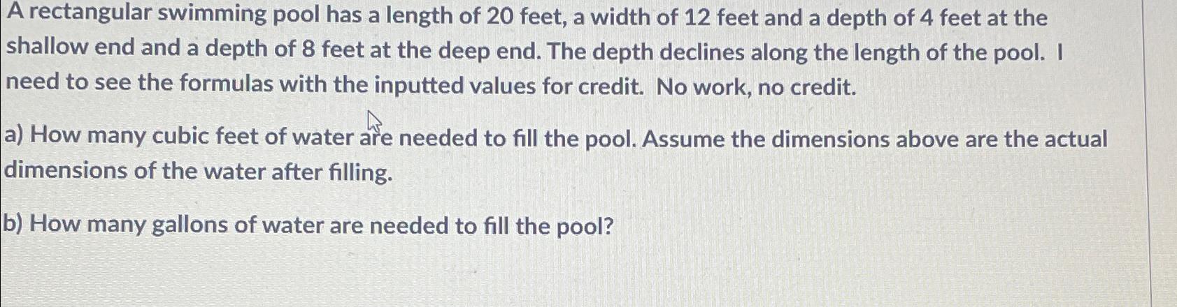 Solved A rectangular swimming pool has a length of 20 ﻿feet, | Chegg.com