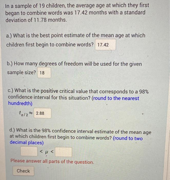 Solved In a sample of 19 children, the average age at which | Chegg.com